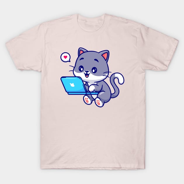 Cute Cat Working On Laptop Cartoon T-Shirt by Catalyst Labs